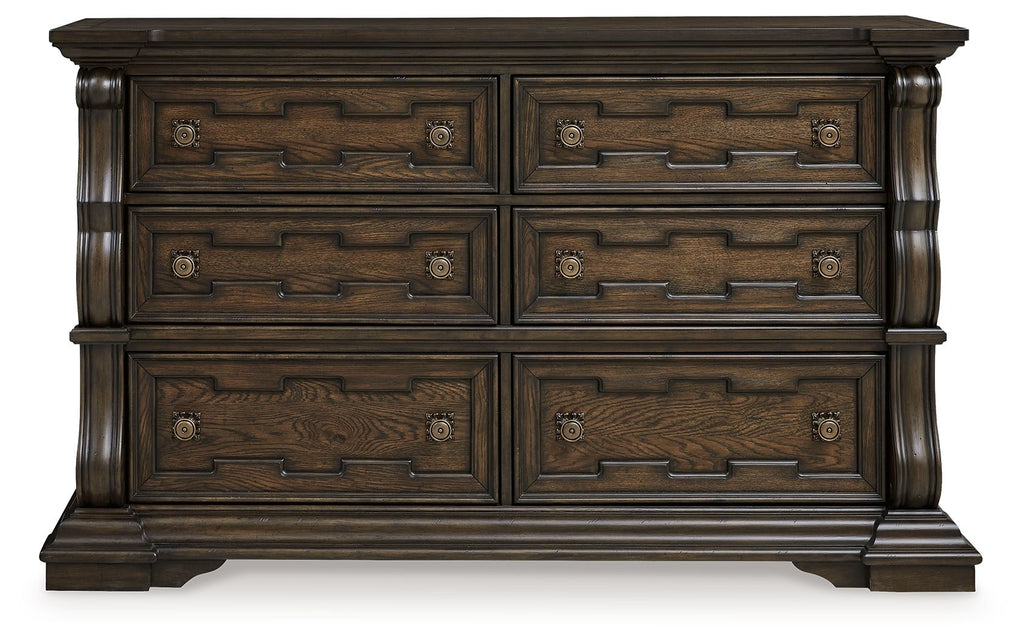 Maylee dark brown dresser front view with six drawers and engraved drawer pulls