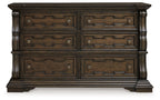 Maylee dark brown dresser front view with six drawers and engraved drawer pulls