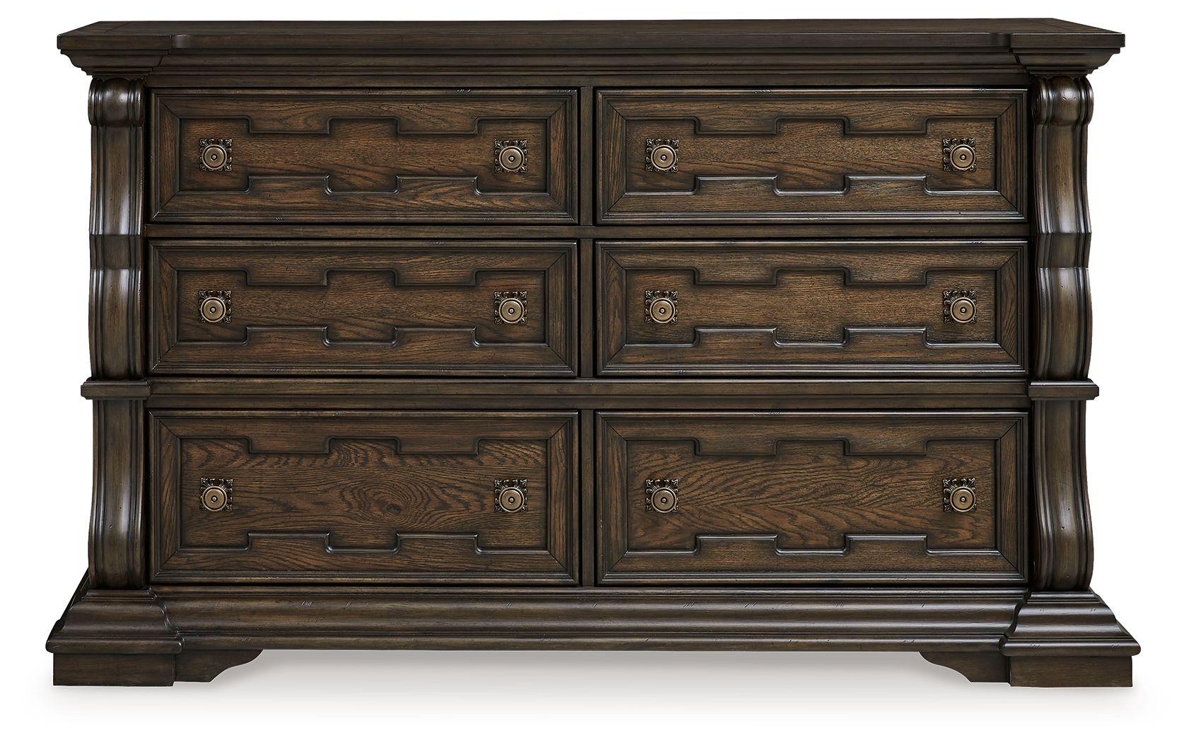 Maylee dark brown dresser front view with six drawers and engraved drawer pulls