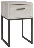 Light natural nightstand with one drawer and dark metal legs