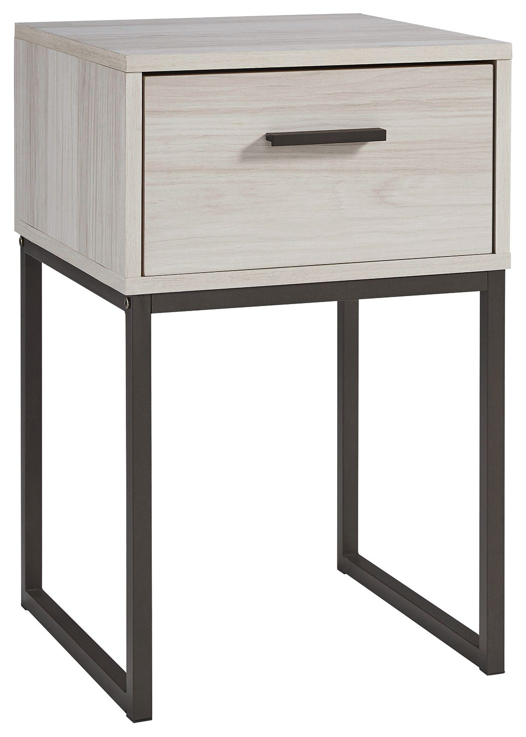 Light natural nightstand with one drawer and dark metal legs