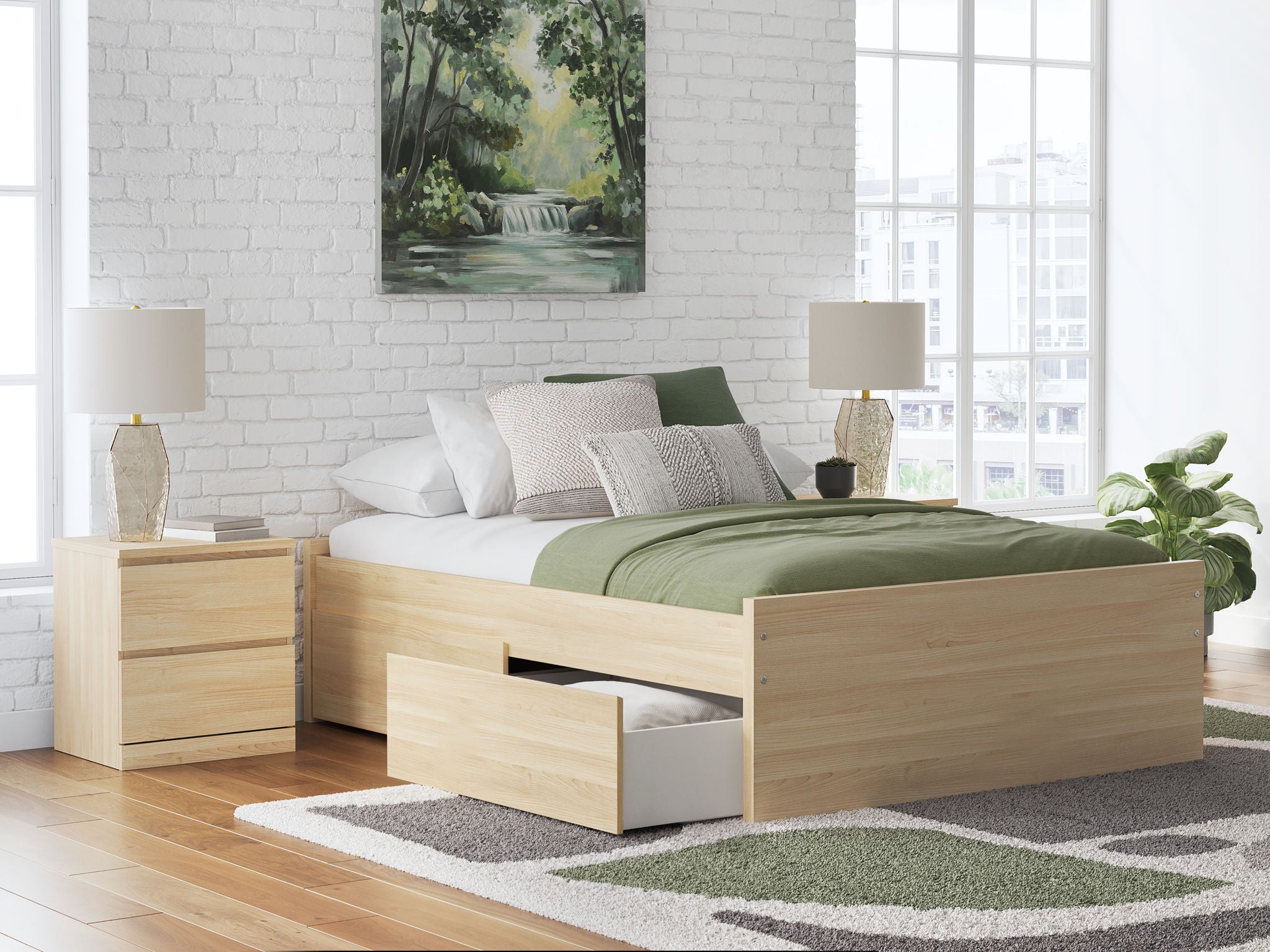 Light wood platform bed with drawer and headboard, shown with a bedspread