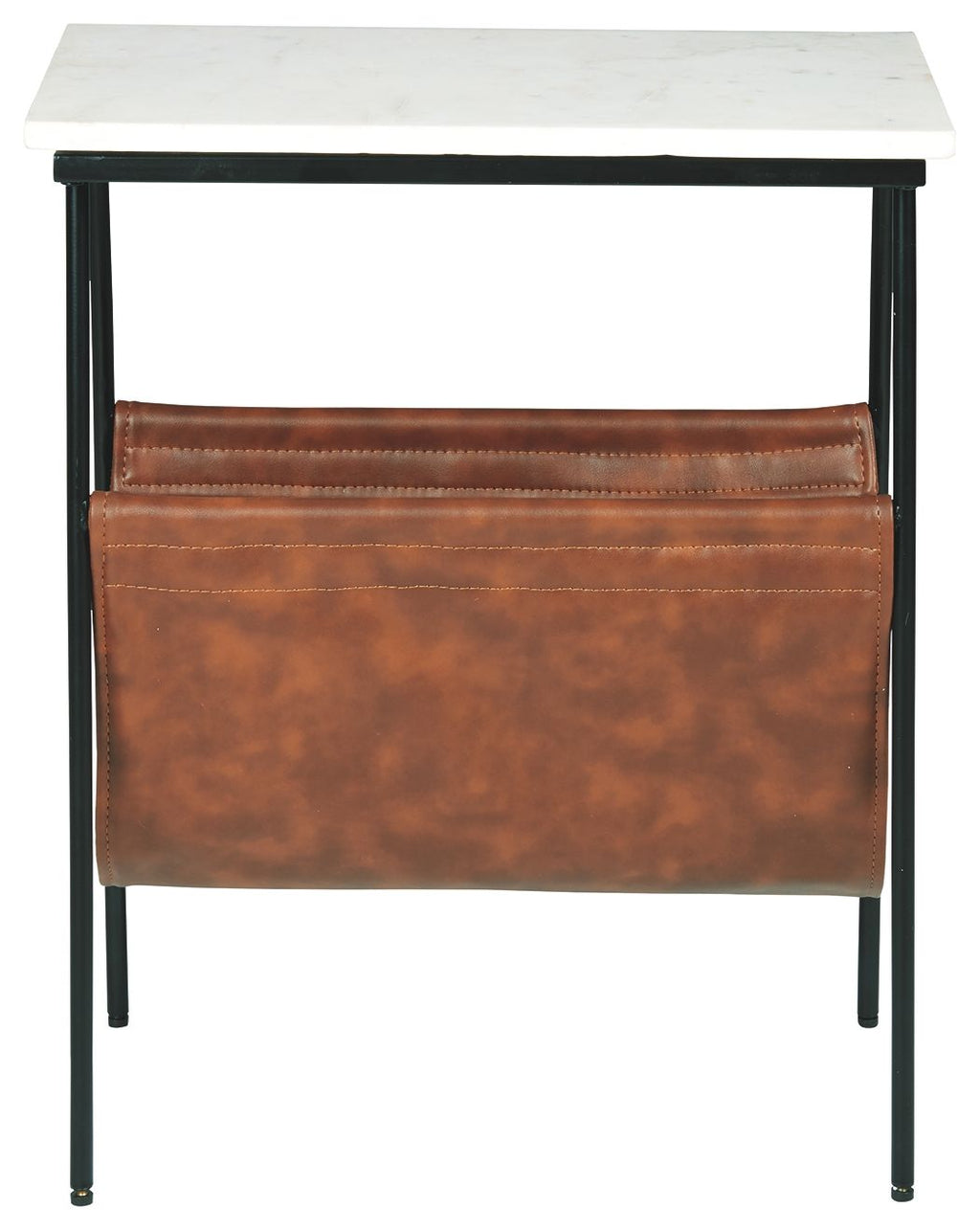 Accent table with white top and black legs, brown leather front magazine holder