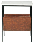 Accent table with white top and black legs, brown leather front magazine holder