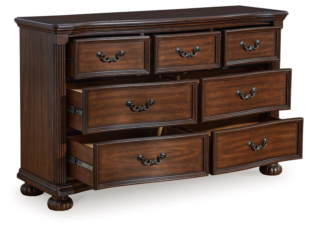 Lavinton bedroom set dresser with open shelf and drawers in dark brown with metal pulls