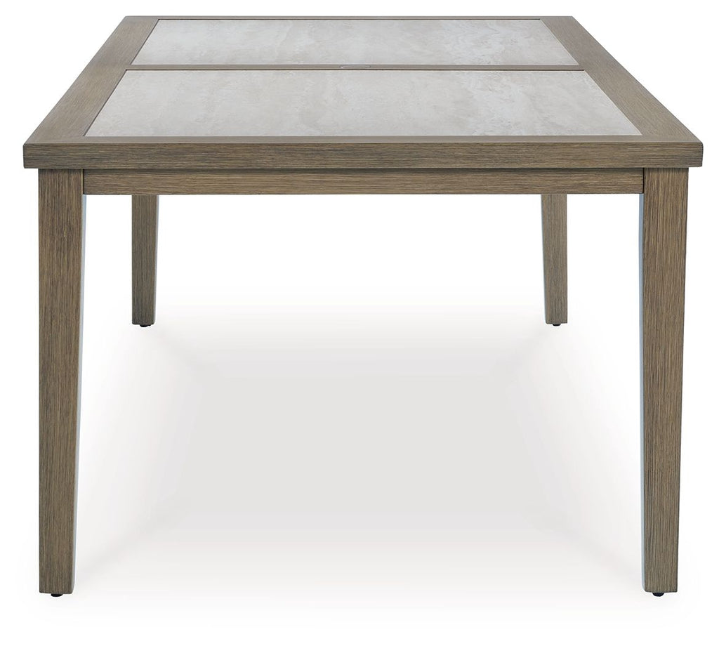 Rectangular dining table with umbrella opening, light brown tabletop and legs