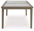 Rectangular dining table with umbrella opening, light brown tabletop and legs