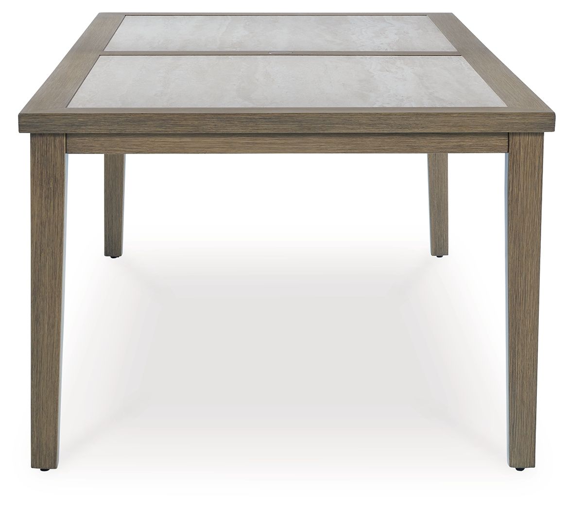 Rectangular dining table with umbrella opening, light brown tabletop and legs