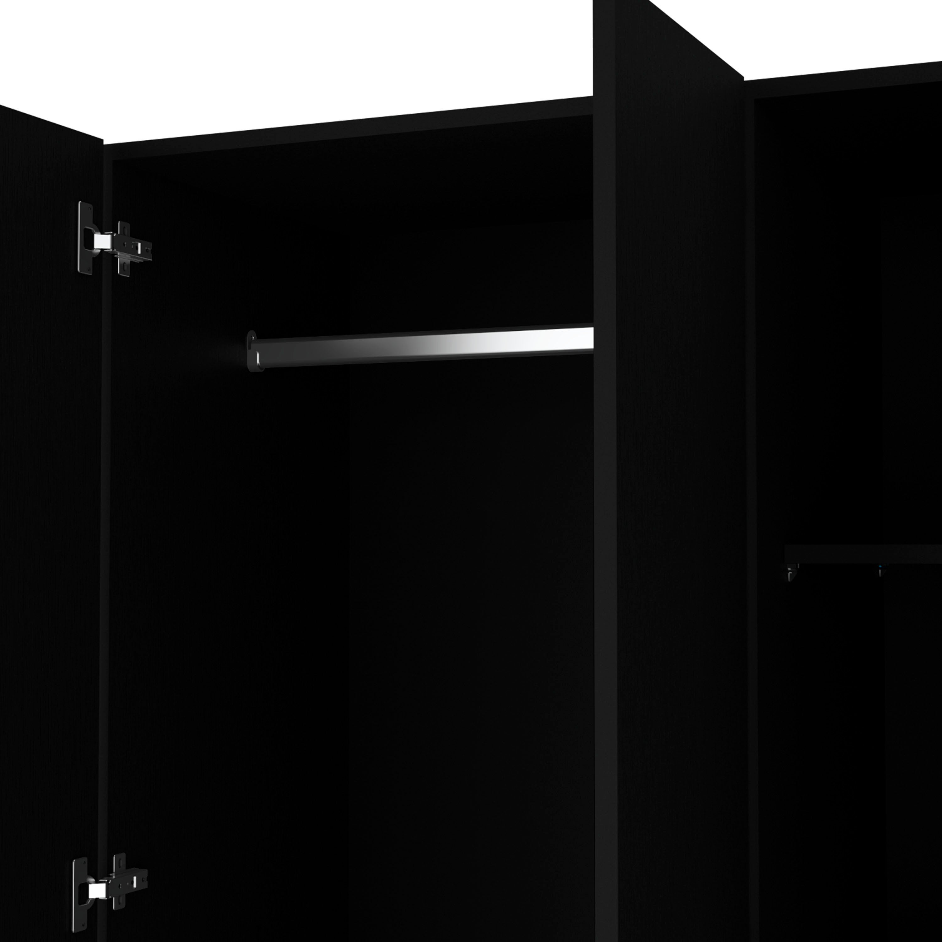 Black Wardrobe 3 Doors Mirror 2 Drawers Shelves