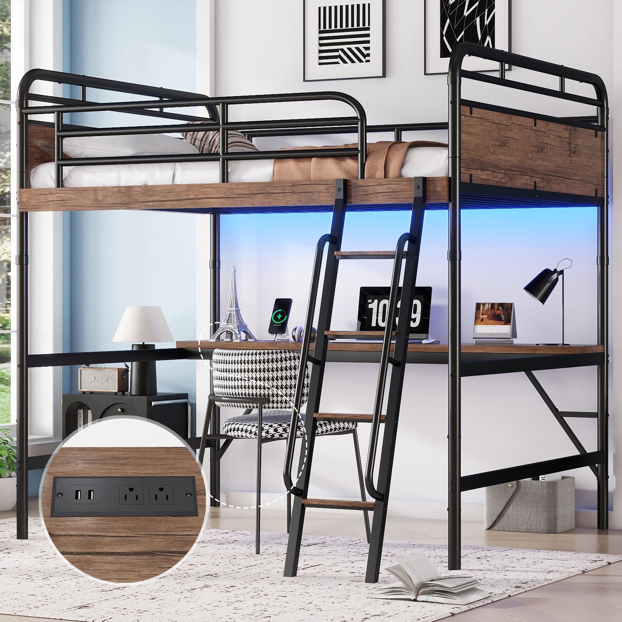 Full Size Metal Loft Bed w/ Desk, LED, Charge Station - Black
