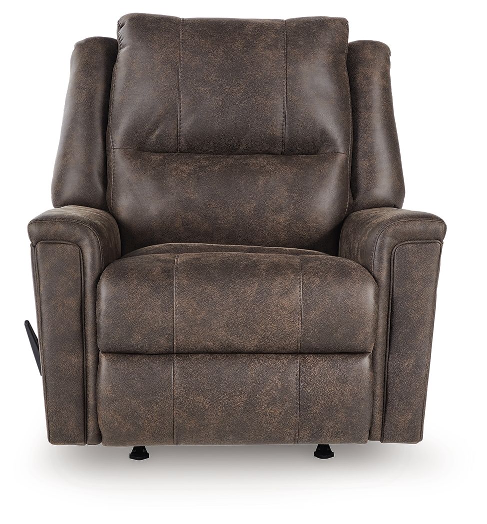 Dark gray faux-leather rocker recliner with tall back, padded arms, and arm controls