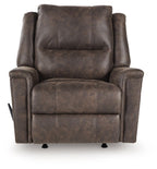 Dark gray faux-leather rocker recliner with tall back, padded arms, and arm controls