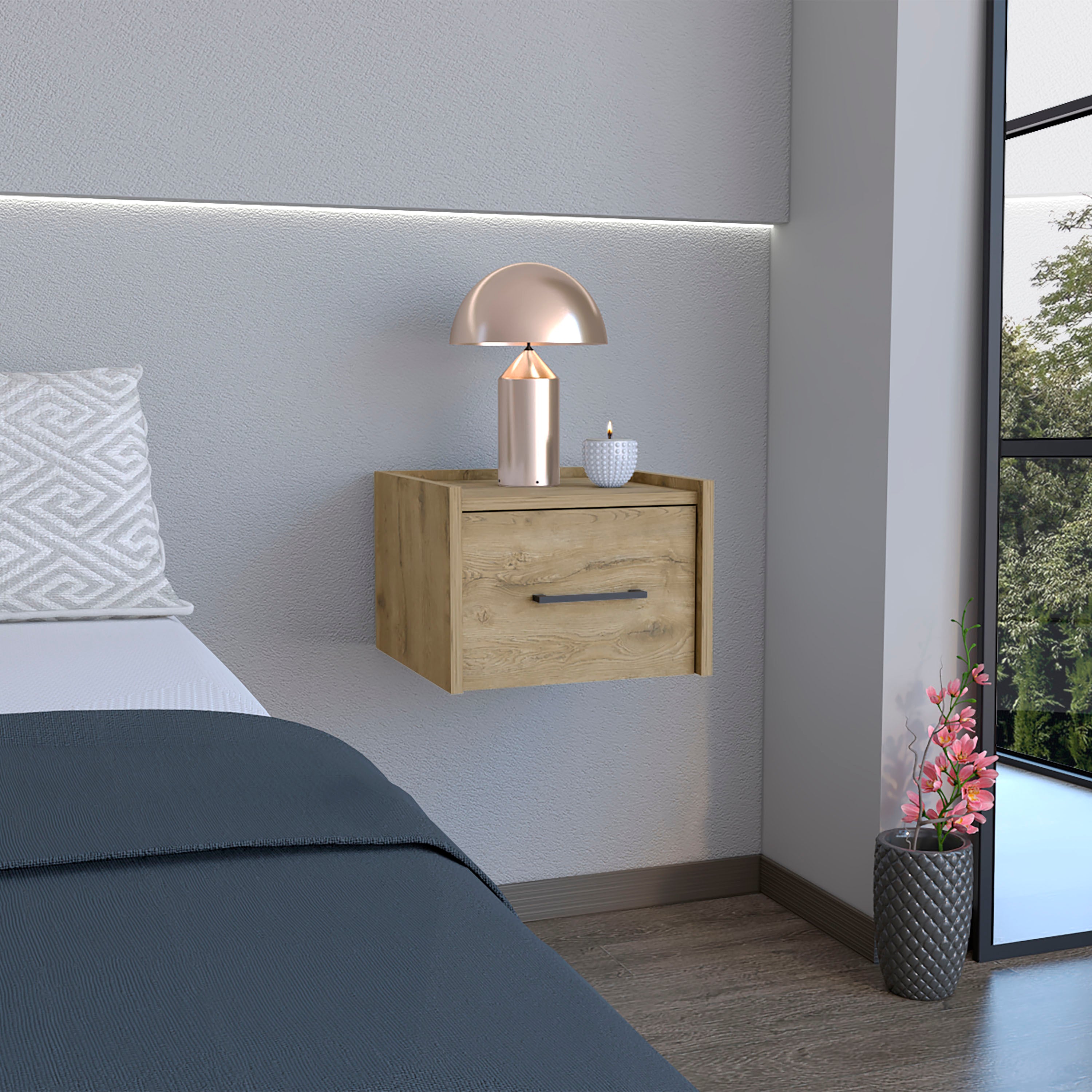 Macadamia Floating Nightstand: Space-Saving Design with Drawer