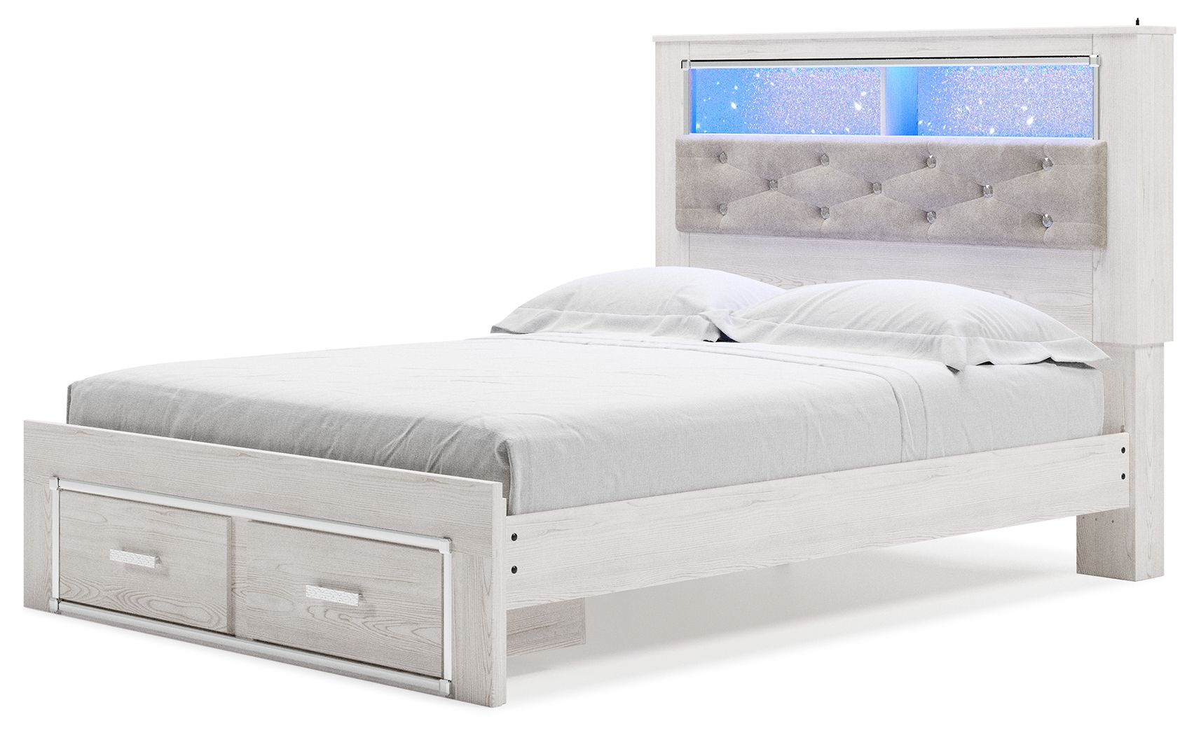 White bookcase bed with tufted gray headboard, blue-lit shelves, and two front drawers