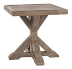 Beige square end table with flat tabletop and crossed X-style wooden base