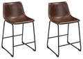 Dark brown upholstered barstool set of 2 with black metal frame and curved seat
