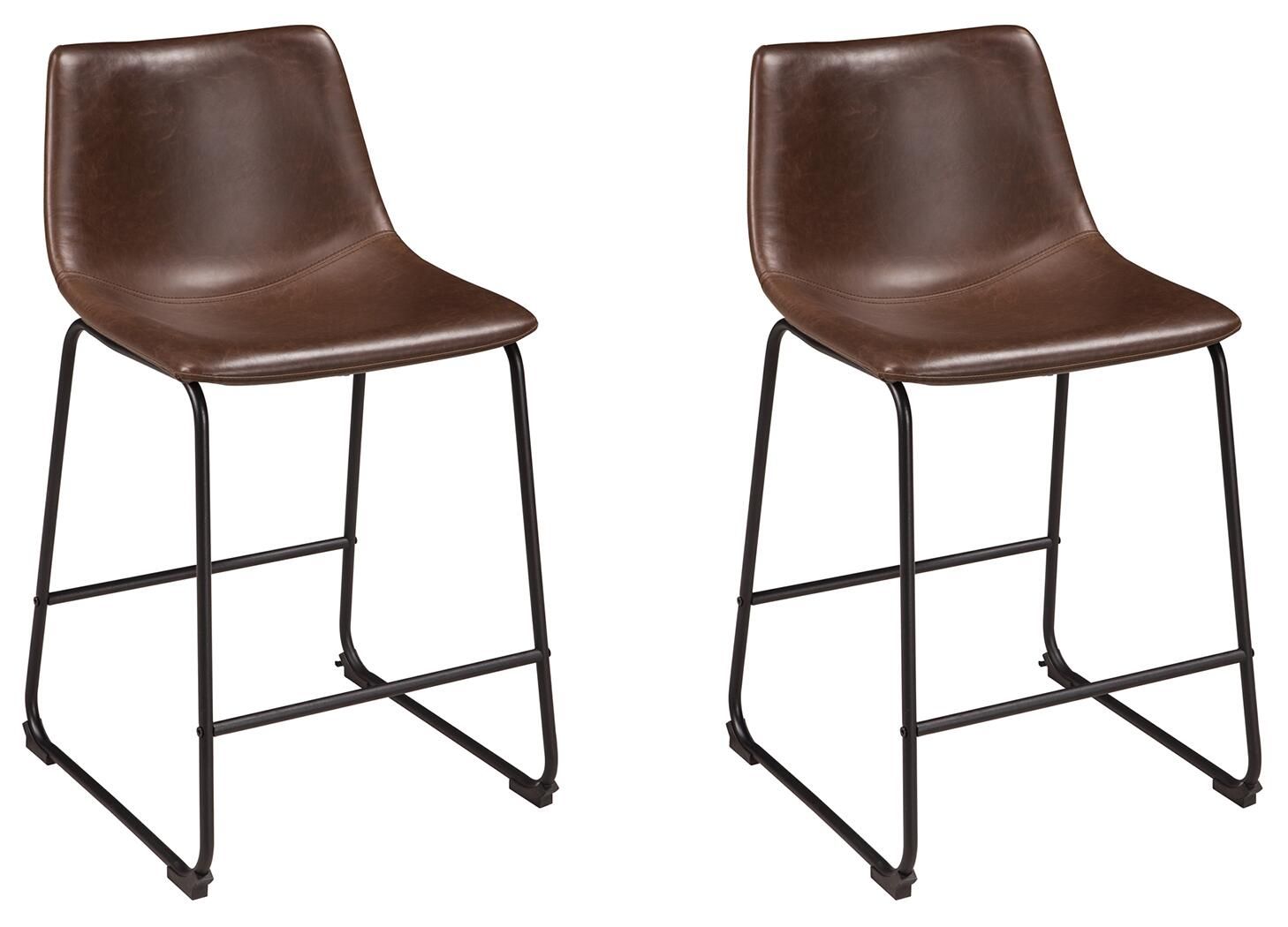 Dark brown upholstered barstool set of 2 with black metal frame and curved seat