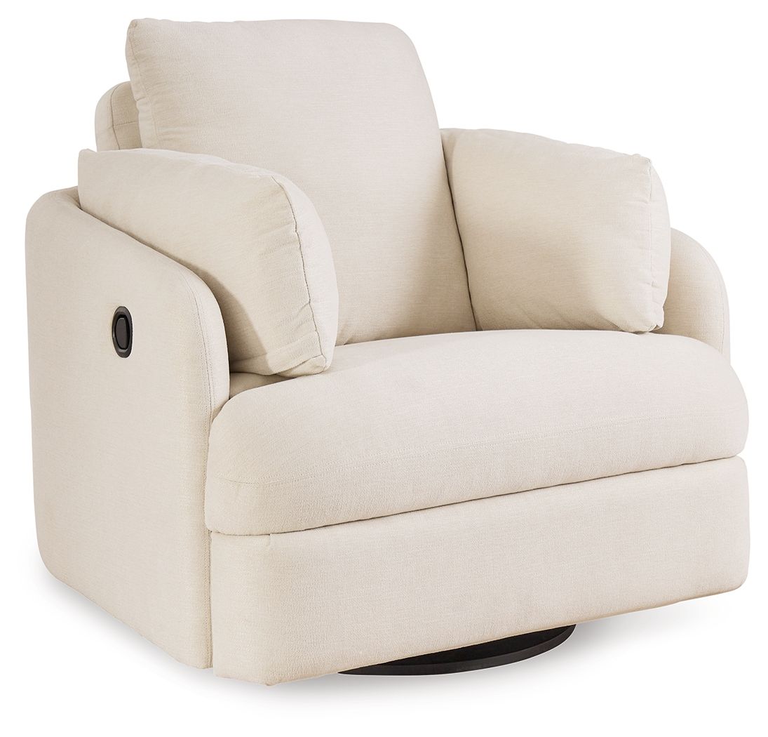 Oyster cream fabric swivel glider recliner with padded headrest and arms