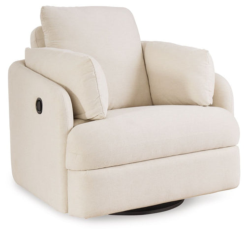 Oyster cream fabric swivel glider recliner with padded headrest and arms