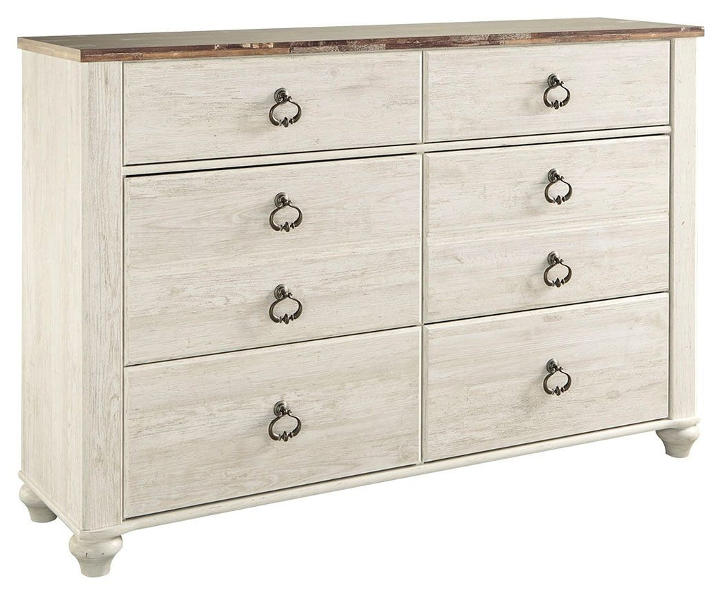Whitewash wood dresser with six drawers and dark metal knob pulls