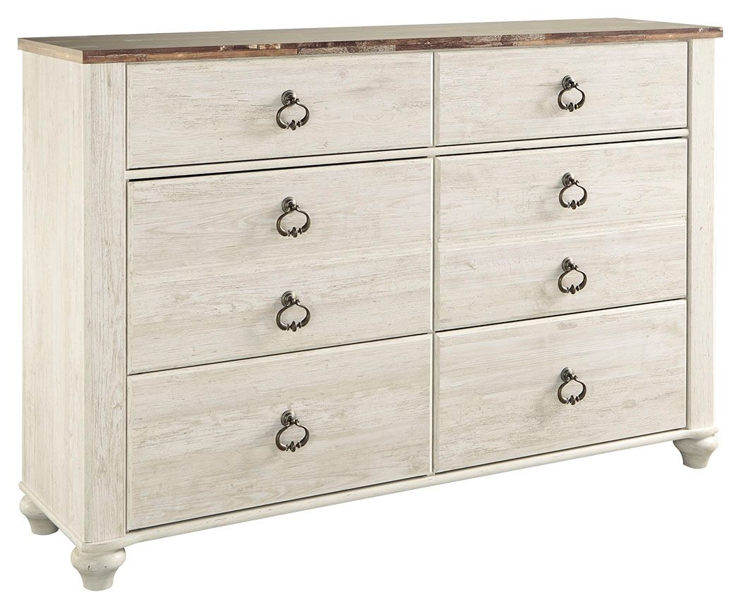 Whitewash wood dresser with six drawers and dark metal knob pulls