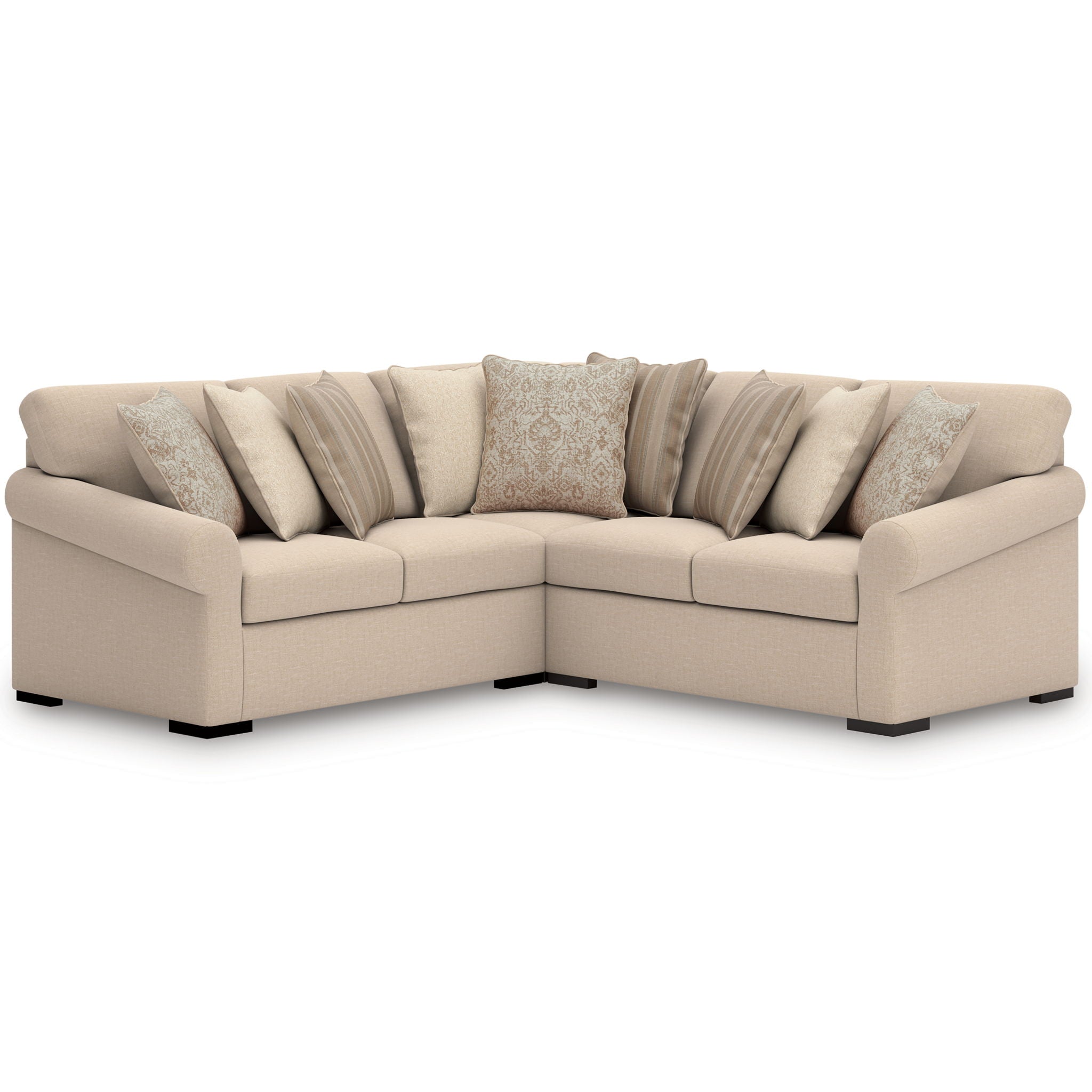 Light beige sectional sofa with corner chaise and striped throw pillows