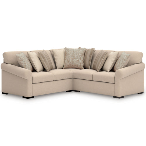 Light beige sectional sofa with corner chaise and striped throw pillows