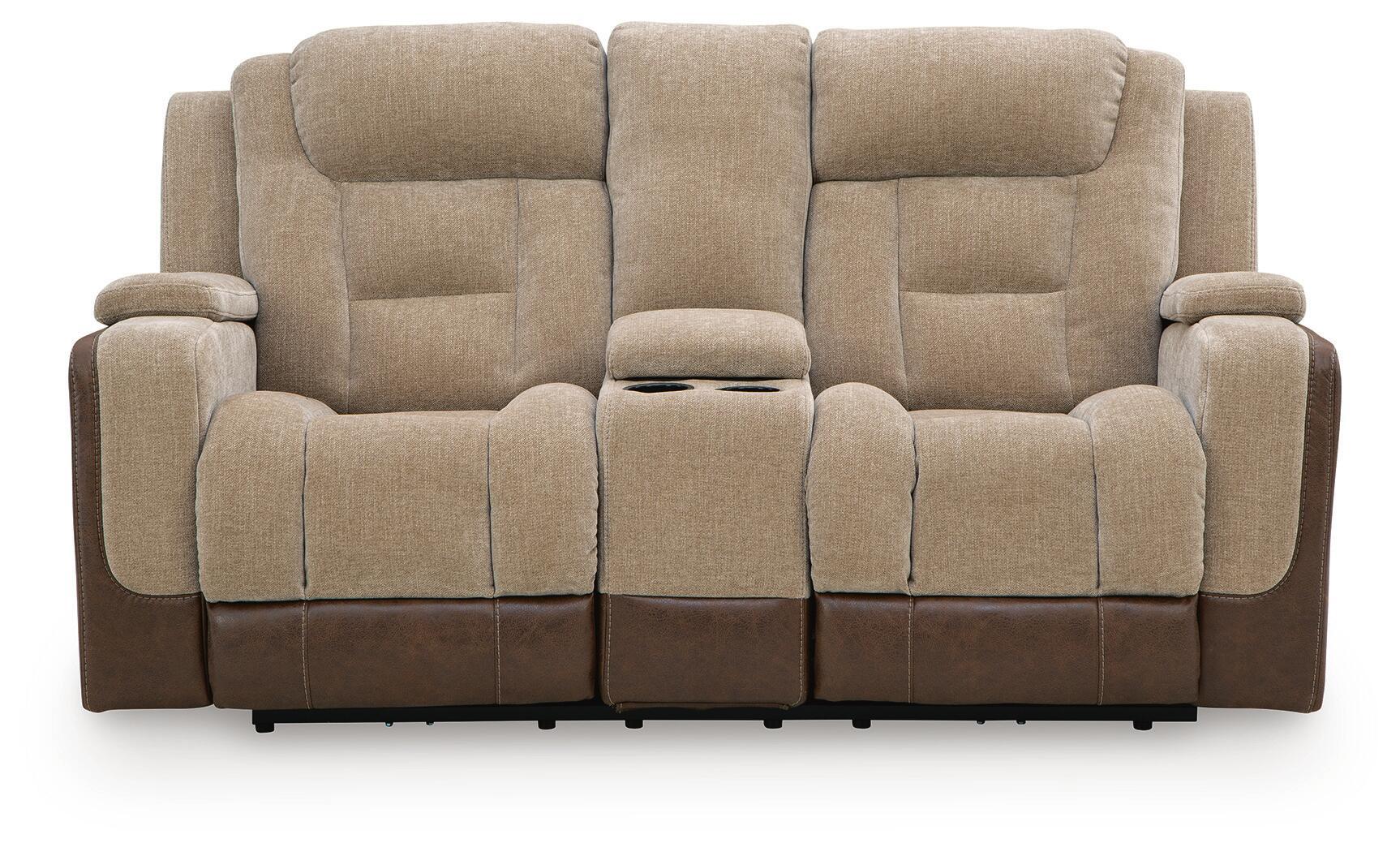 Two-tone power reclining loveseat with padded headrests and cushioned seats, front view.