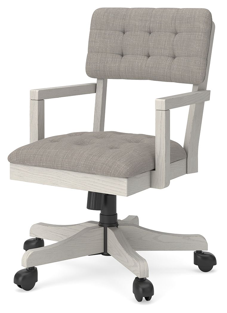 Tufted fabric home office chair with light wood arms, swivel base, and rolling wheels
