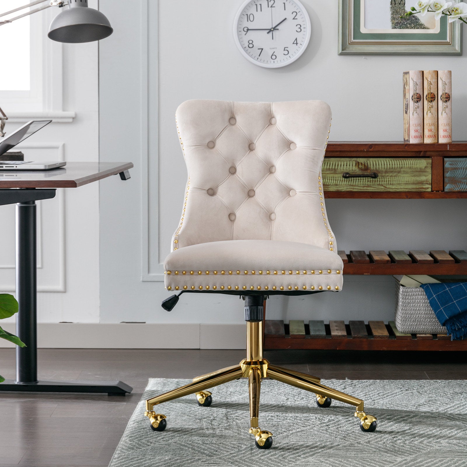 Velvet Tufted Office Chair w/ Gold Base- Beige