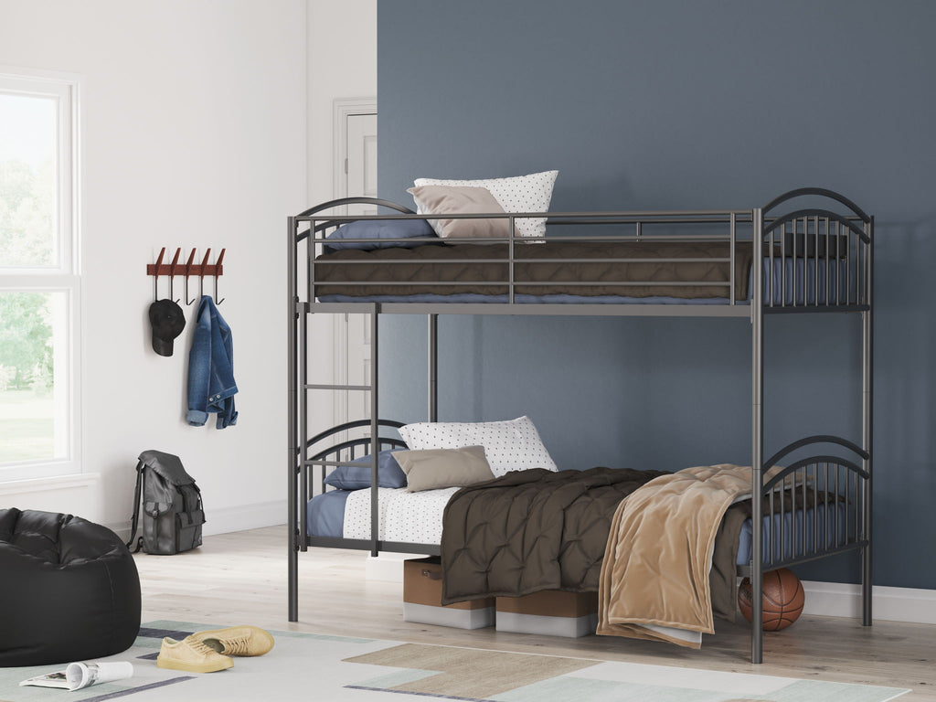 Gray twin-over-twin bunk bed with ladder, top and bottom guardrails
