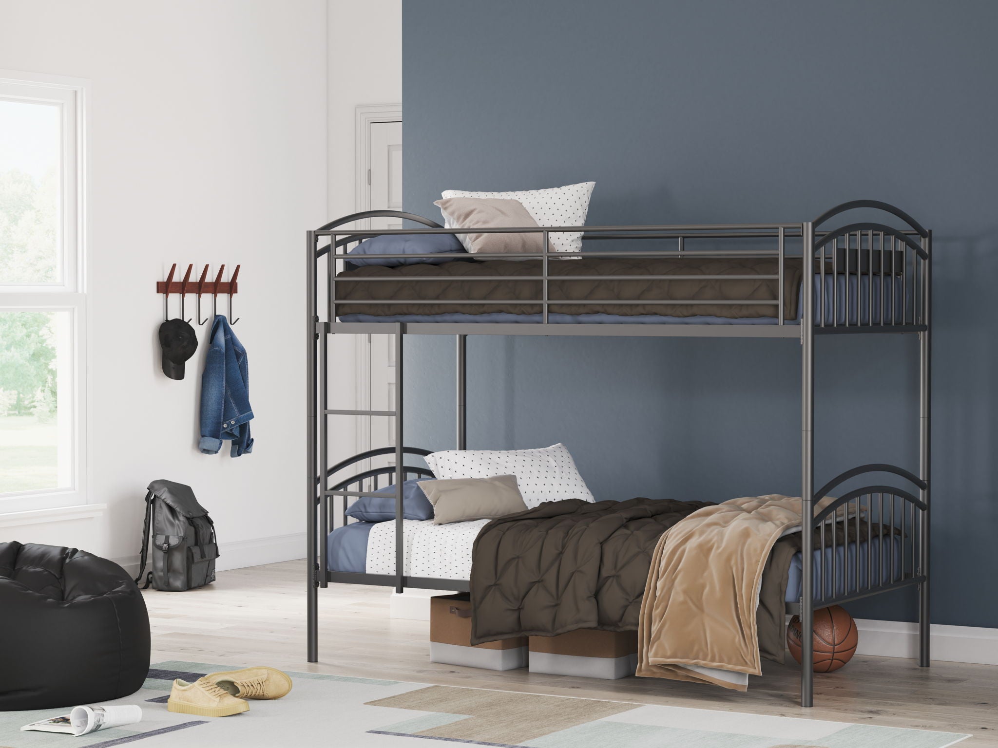 Gray twin-over-twin bunk bed with ladder, top and bottom guardrails