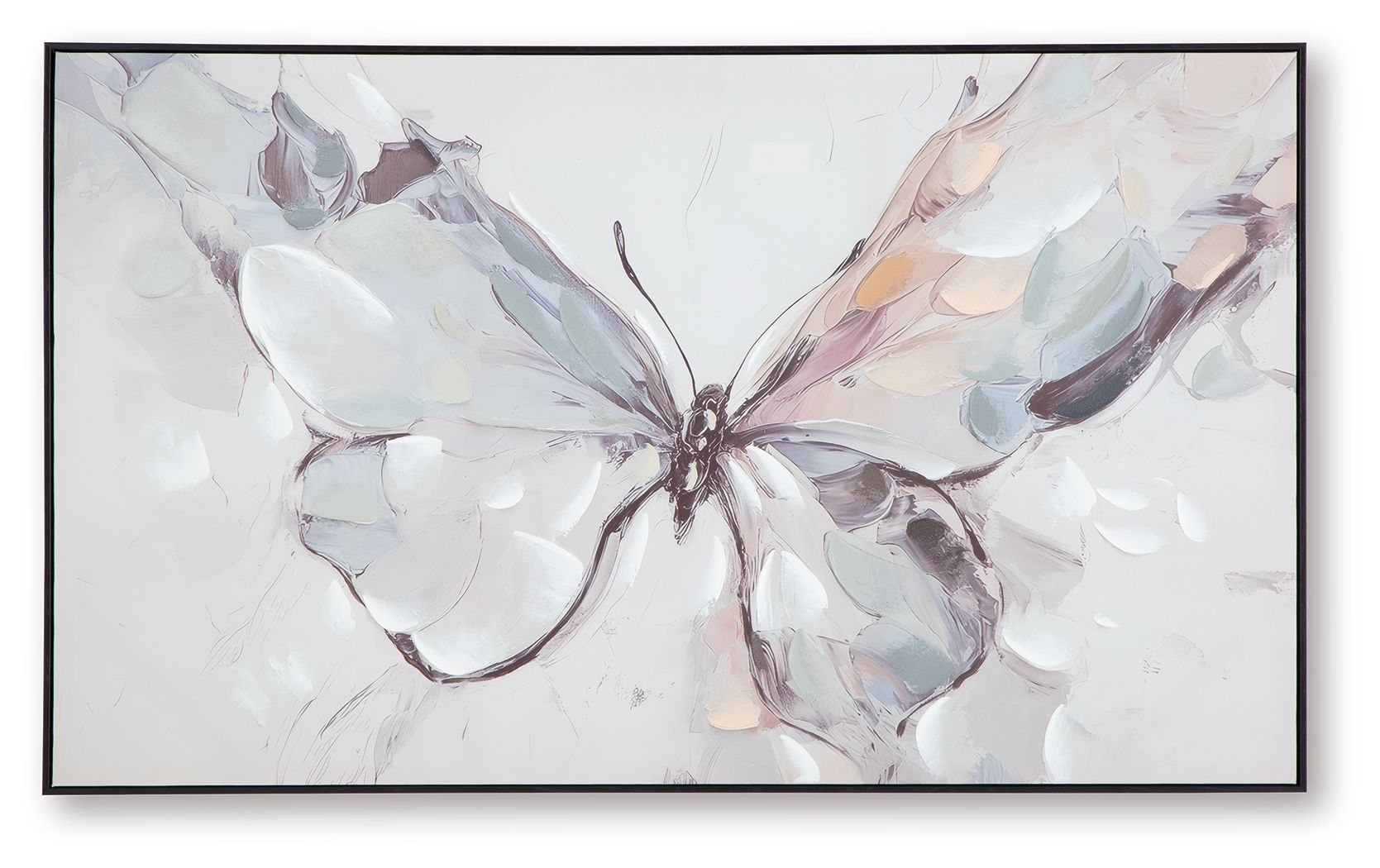 Framed abstract butterfly wall art, multi-color wings and antenna center
