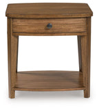 Light brown rectangular wooden end table with drawer knob and lower shelf.
