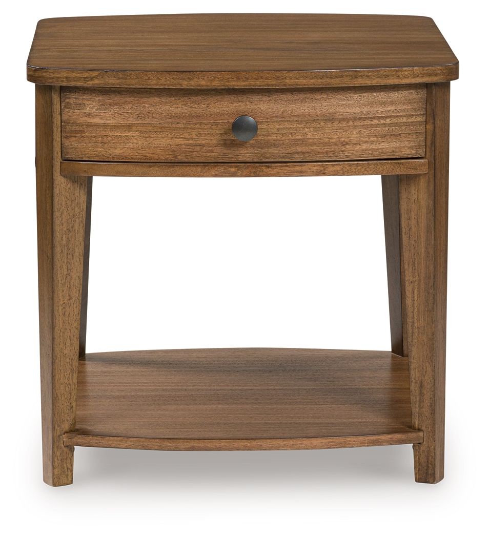 Light brown rectangular wooden end table with drawer knob and lower shelf.