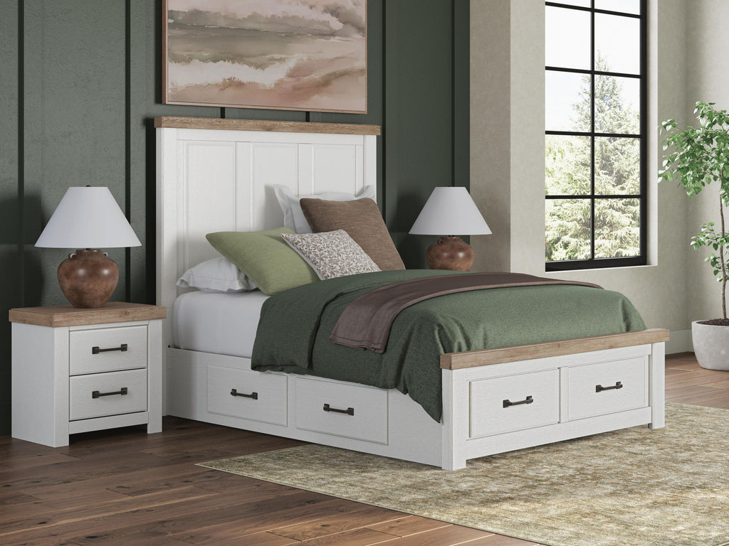White panel storage bed with underbed drawers and footboard storage, white frame