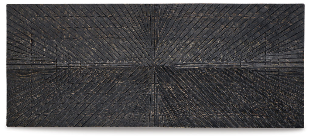 Antique black wall decor panel with wide starburst and crosshatch texture