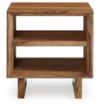 Square brown wooden end table with two open shelves and thick frame, straight legs
