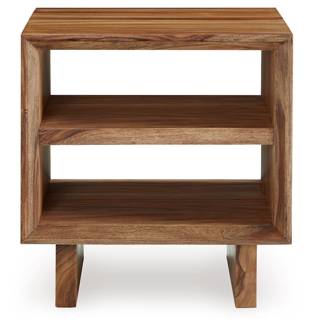 Square brown wooden end table with two open shelves and thick frame, straight legs