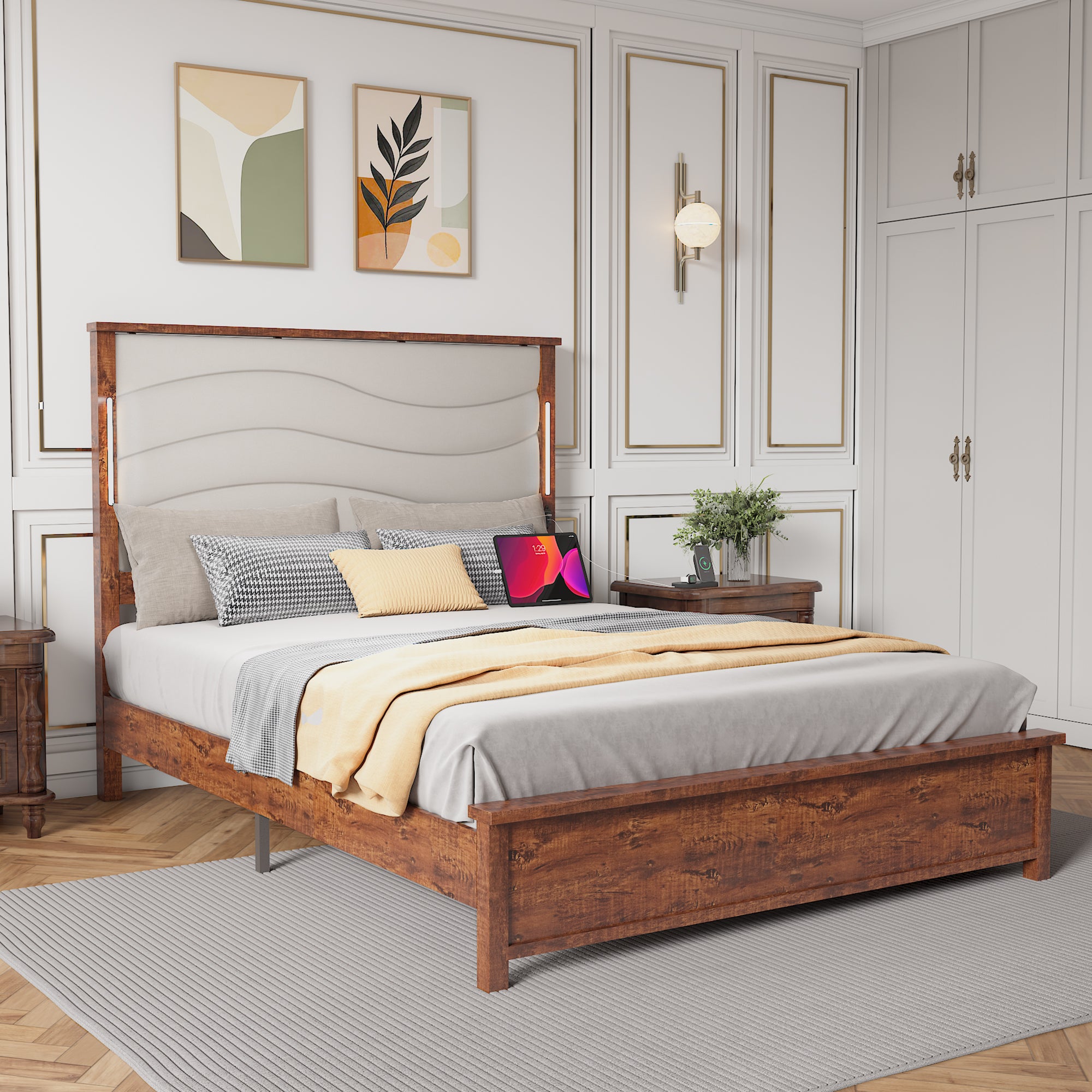 King Upholstered Bed Frame with LED, Charging Station, No Box Spring