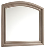Light gray bedroom mirror with arched top and wood frame, rectangular glass