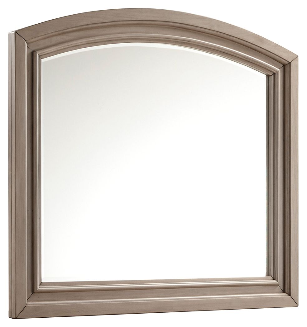 Light gray bedroom mirror with arched top and wood frame, rectangular glass