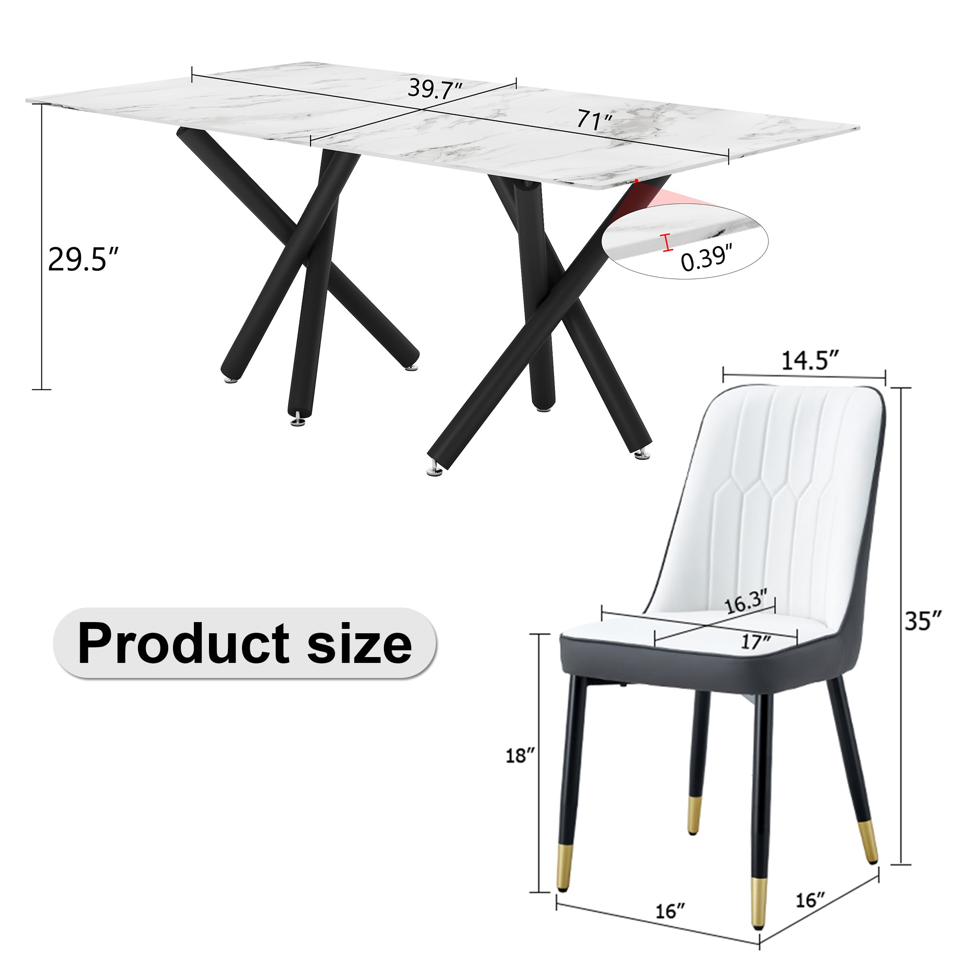 White Marble Dining Table & 8 Black Chairs Set F-1538