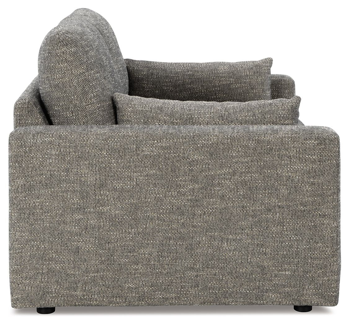 Granite upholstered loveseat side view with rolled arm and back cushion