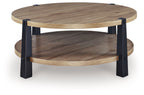 Round two-tier end table with light brown wood top, lower shelf, and dark legs.