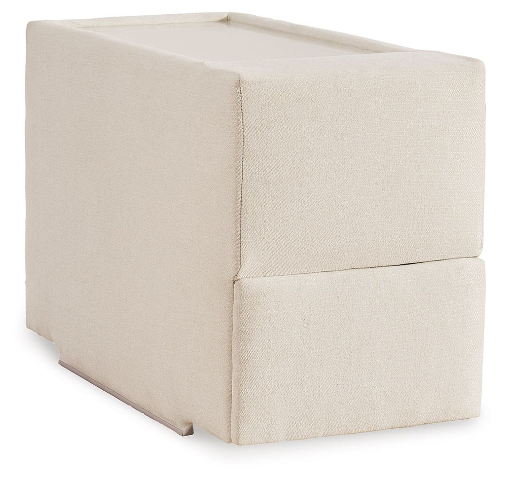 Upholstered console with storage, oyster-beige fabric, hinged top, square block design