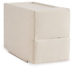 Upholstered console with storage, oyster-beige fabric, hinged top, square block design