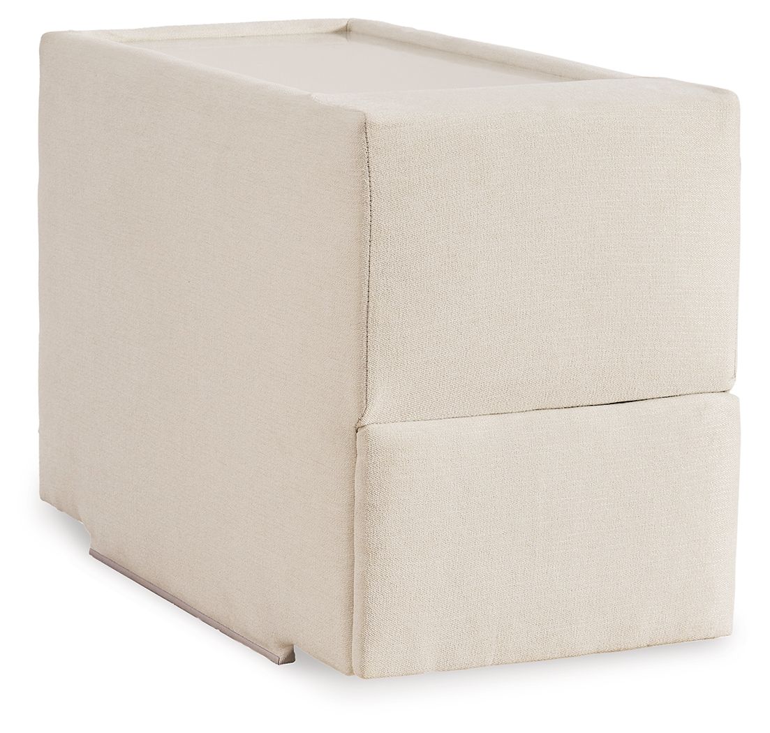 Upholstered console with storage, oyster-beige fabric, hinged top, square block design