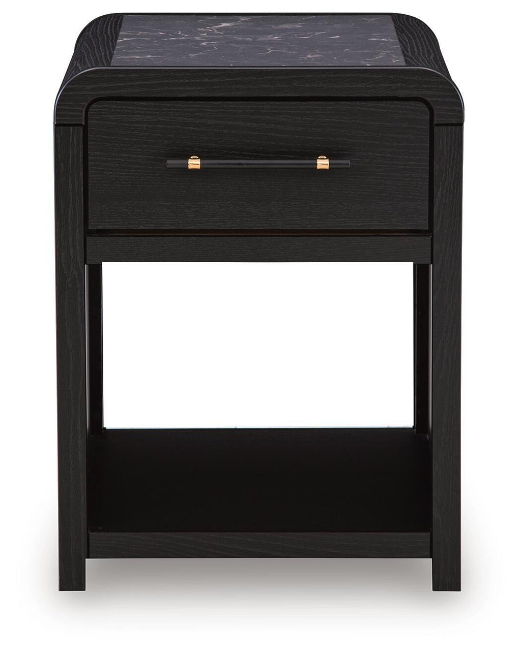 Black rectangular table with one drawer and open shelf, front view with metal pulls.
