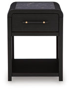 Black rectangular table with one drawer and open shelf, front view with metal pulls.